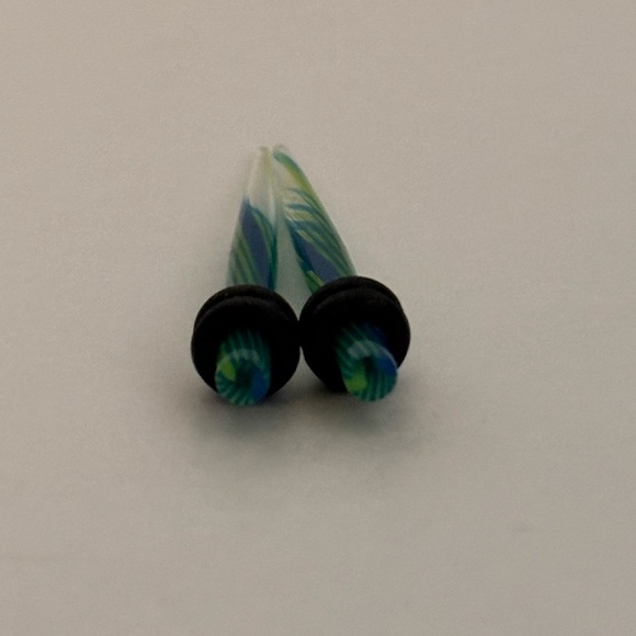 Blue and Green Acrylic Stripe Swirled Tapers size 8 Gauge - Picture 3 of 4